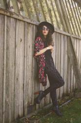 wearing: a floral kimono and velvet leggings