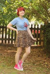 Outfit: Leopard Skater Skirt, Blue Graphic T-shirt, & Pink Converse High-Tops
