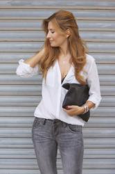 GREY JEANS & WHITE BLOUSE