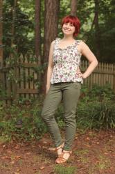 Outfit: Khaki Green Jeans, Floral Blouse, and Brown Wedge Sandals