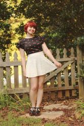 Outfit: Fox Print Blouse, White Lace Skirt, and Black Platform Sandals