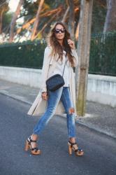 trench + shirt + jeans