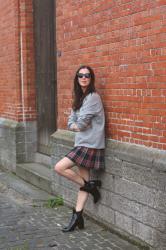 Sweatshirt, Plaid Skirt, Patent Boots