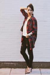 Plaid shirt and ripped jeans