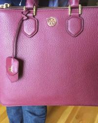 Tory Burch Robinson Pebbled Square Tote in Deep Berry 