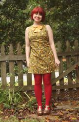 Birthday Outfit: Mushroom Print Dress, Red Tights, & Bronze Shoes