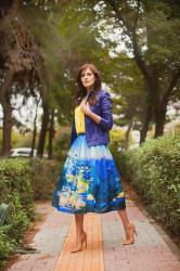 BLUE PRINTED MIDI SKIRT