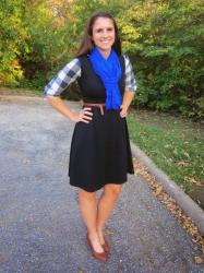 black dress, blue scarf