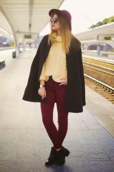 Turtleneck, cape and burgundy