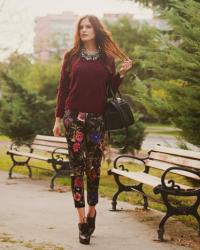 BERRY COCKTAIL: BURGUNDY SWEATER & FLORAL PANTS 