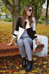 black white plaid long sleeve woolen coat