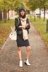 White, Navy and Leather Jacket