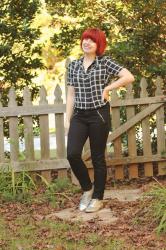 Outfit: Windowpane Print Top, Black Skinny Jeans, and Silver Oxford Shoes