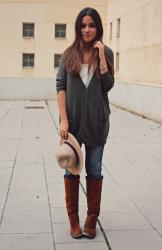 Long jacket, jeans and tall boots