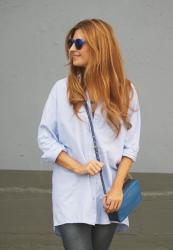 MIU MIU BAG AND BLUE BLOUSE