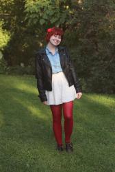 Outfit: Leather Jacket, Denim Button Down, White Lace Skirt, & Red Tights