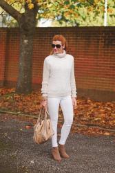 Winter Whites | Textured Roll-Neck Sweater and White Skinnies