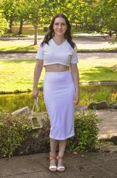 KIM KARDASHIAN WHITE PENCIL SKIRT AND CUTOUT CROP TOP (LOOK FOR LESS)