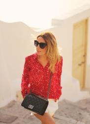 RED BLOUSE AND AEGEAN VIEWS