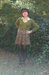Outfit & Giveway: JORD Wood Watch, Olive Sweater, Leopard Skater Skirt, Clogs, and a Beret