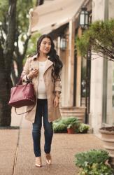 Classic Trench + Burgundy Studded Satchel