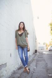 L.A. Uniform: T-shirt and Lace Bodysuit with Jeans