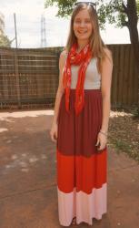 Spring Scarves! Chambray Shift Dress, Grey Tank and Colour Block Maxi Skirt