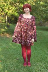 Outfit: Floral Bell Sleeved Dress, Pink Tights, and Brown Clogs