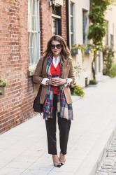 What to Wear to Work | Camel Blazer + Plaid Scarf 