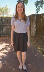 Grey Tee, Black Skater Skirt, Patent Mouse Flats | Peplum Tank, Purple Skinny Jeans