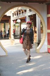 Outfit: Leopard Print Dress with a Leather Jacket and Wayfarer Sunglasses