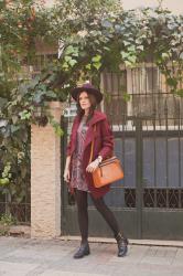 BURGUNDY OVERSIZE COAT AND BOHO DRESS