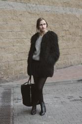 Black fur coat and fluffy sweater