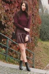 wine leather look ruffle skirt
