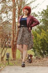 Outfit: Burgundy Leather Jacket and a Crushed Velvet Top Layered Over a Leopard Print Dress