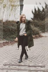 Wool sweater and oversized parka
