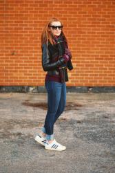 Oversized Dark Tartan Scarf With a Black Biker and Adidas