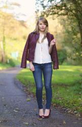 The Berry Faux Leather Jacket With Skinny Jeans