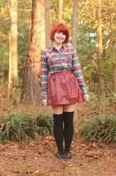 Outfit: Flannel Shirt, Maroon Leather Skirt, Thigh High Socks, and Black Loafers