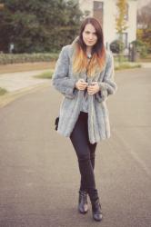Grey faux fur coat and glitter boots