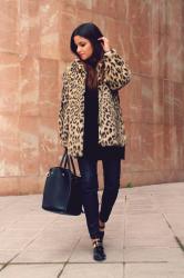 total black look + leopard fur coat