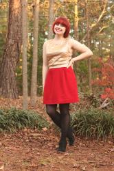 Outfit: Gold Sequined Crop Top, Red Pencil Skirt, and Black Ankle Boots