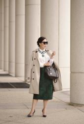 Classic Holiday Wear: Burberry Trench and Green Pencil Skirt