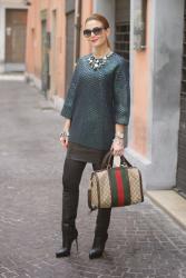 Leather mini skirt, metallic finish sweater