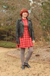Outfit: Plaid Mock Turtleneck Dress, Leather Jacket, and Cutout Ankle Boots