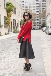 Holiday Outfit | Black Midi Skirt + Red Knit Sweater