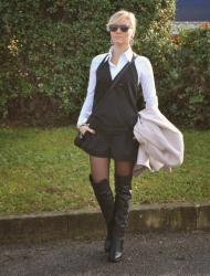 OUTFIT BLACK PLAYSUIT WHITE SHIRT AND OVER KNEE BOOTS