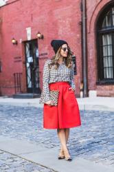 Mixing Prints | Red Midi Skirt + Plaid Shirt
