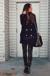 total black look + navy coat + new bag