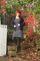 Outfit: Blue Striped Shift Dress, Chunky Knit Cardigan, and Olive Green Tights